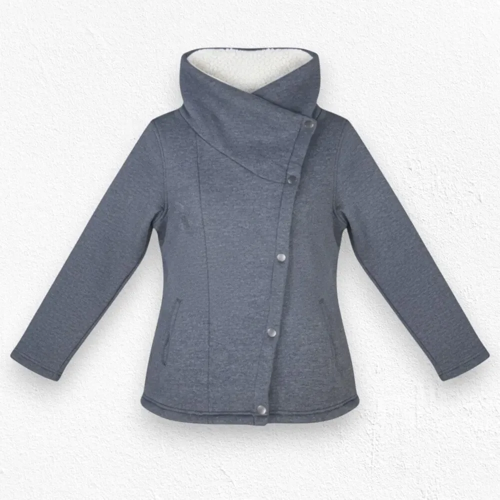 Columbia Gray Asymmetrical Snap Fleece Jacket Sherpa Lined Coat Size Medium